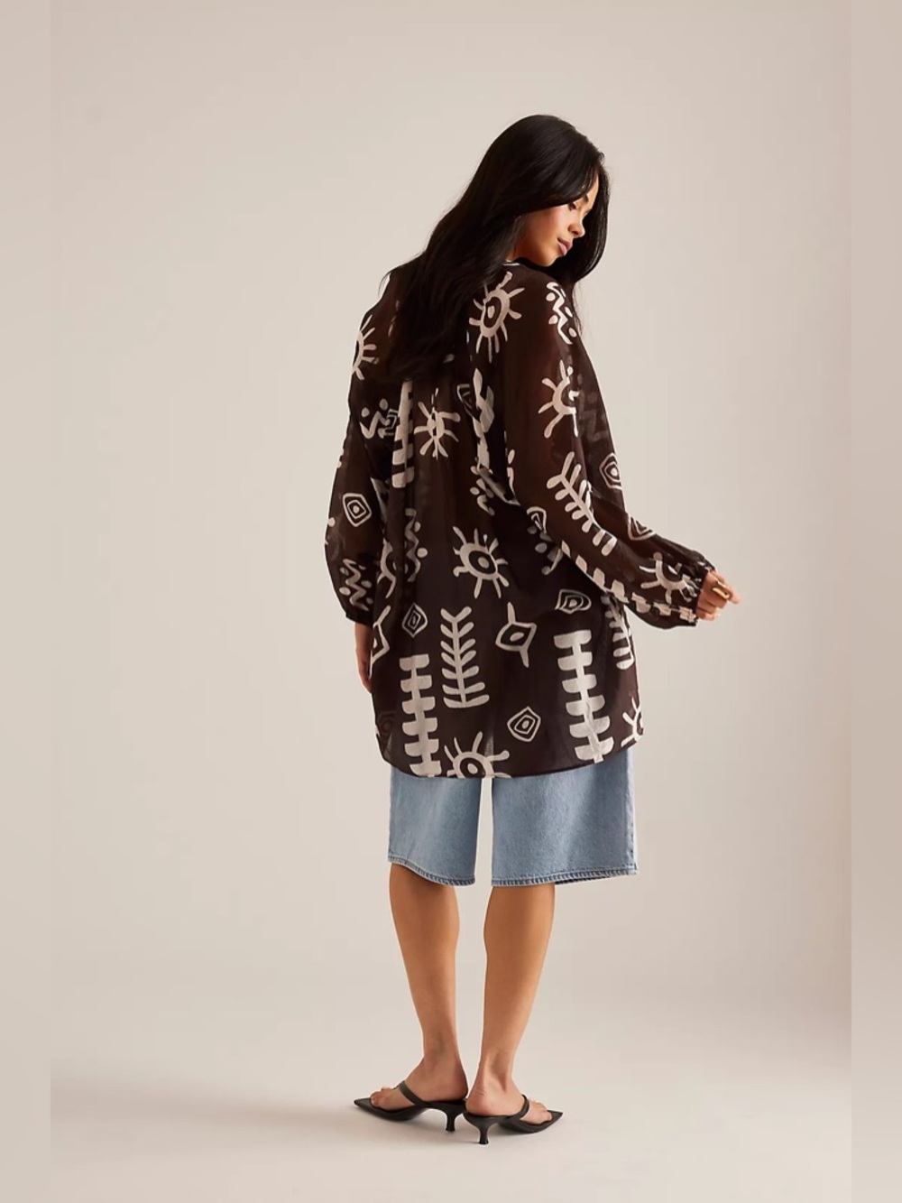Anthropologie Tie-Neck Printed Mini Kaftan Dress Tunic Brown White Abstract - Picture 7 of 15